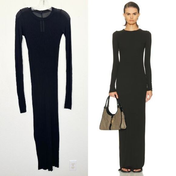 Enza Costa Silk Ribbed Lightweight Semi-Sheer Crewneck Maxi Dress Black Women 4 - Picture 1 of 14